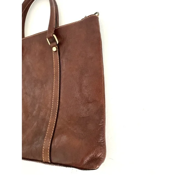 Persaman Work Tote Bag Brown Leather Top Zip Double Handles Crossbody Strap